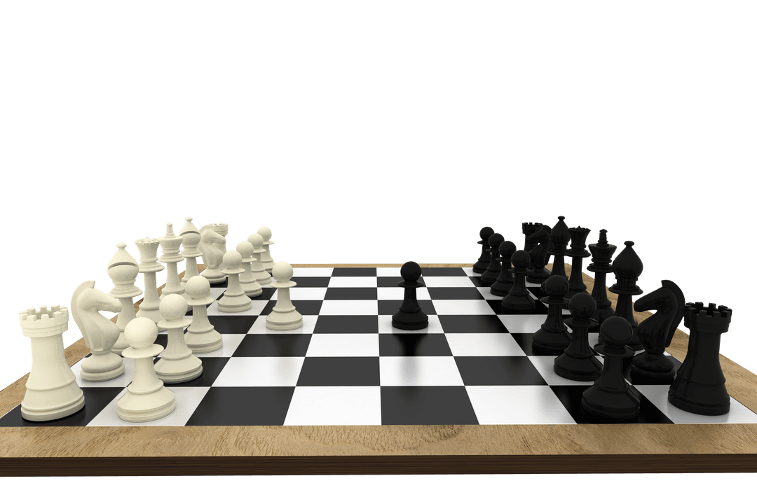 Transparent Chess Board Setup with Classic Black and White Pieces