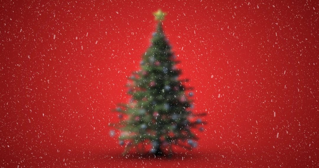 Snowfall Over Decorated Christmas Tree on Red Background