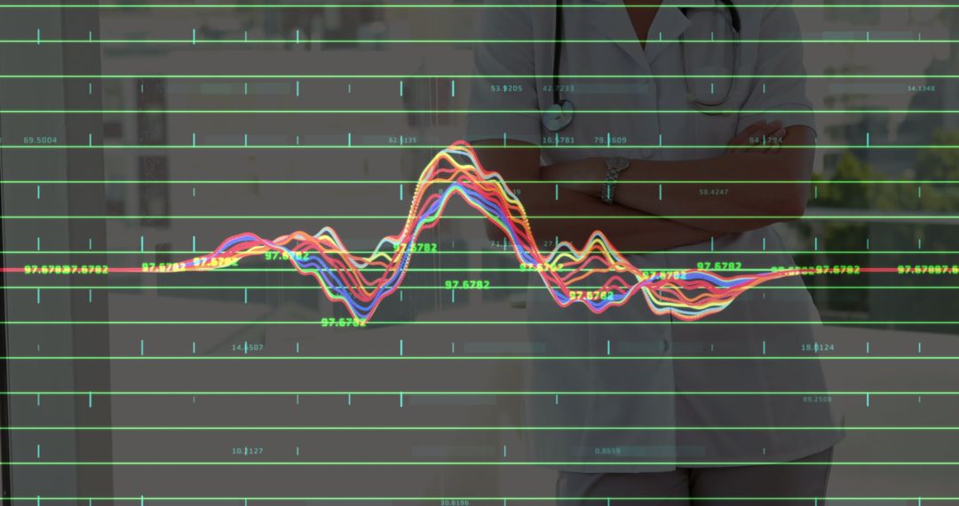 Doctor Analyzing Colorful Data Graphs on Transparent Screen