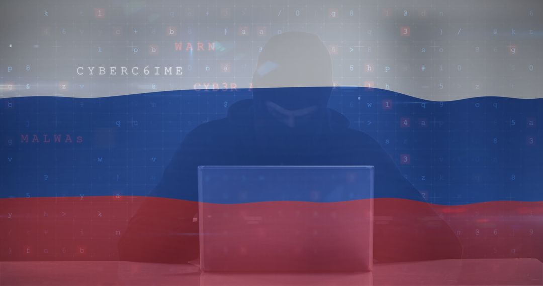 Hacker in Silhouette with Russian Flag Highlighting Cyber Threats