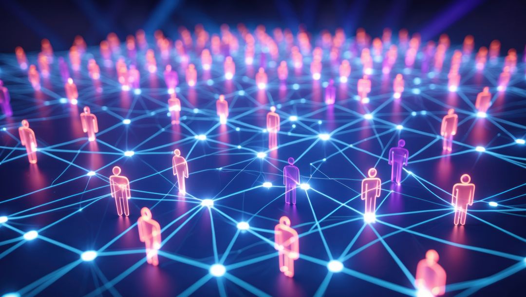 Futuristic Network with Neon Humanoid Icons in Virtual Space