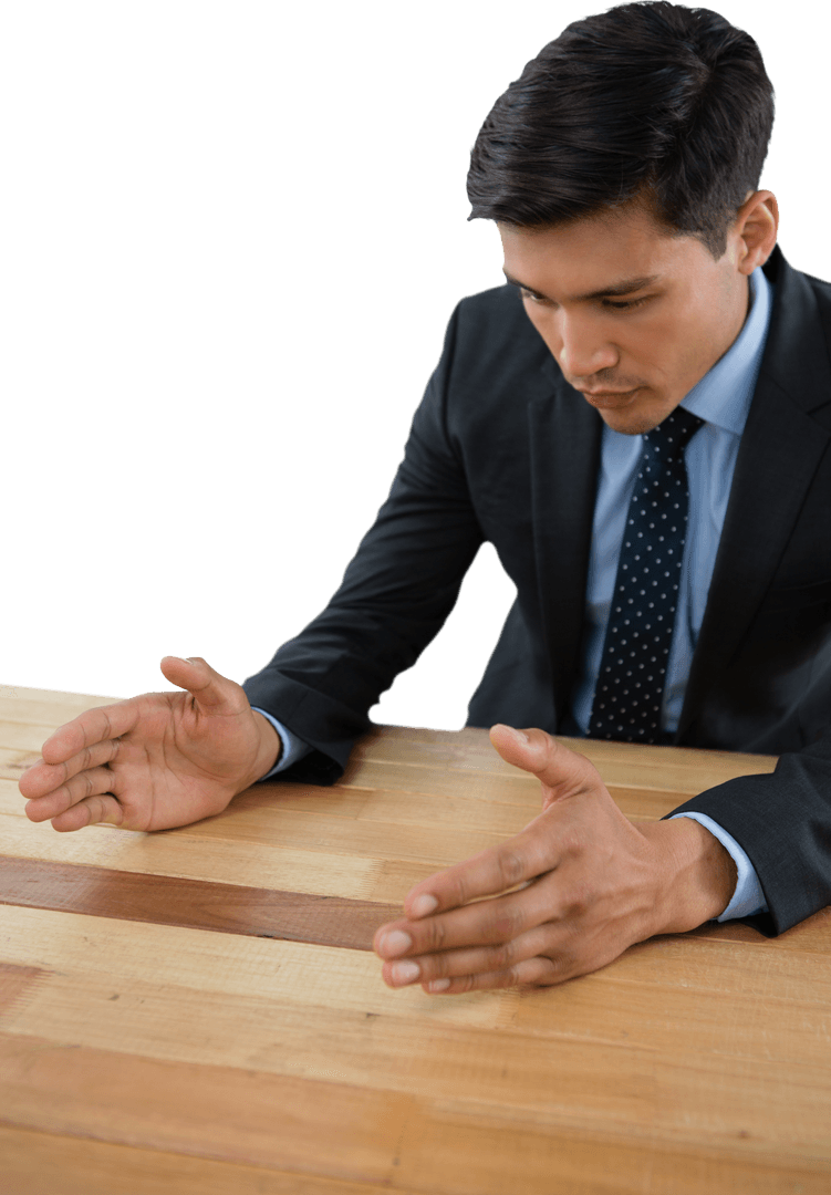 Businessman in Suit Gesturing Over Transparent Office Table