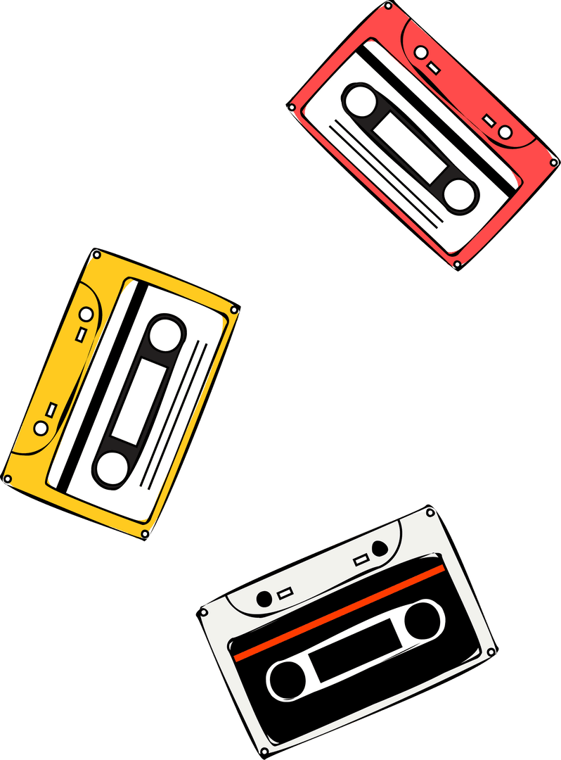 Floating Retro Cassette Tapes on Transparent Background