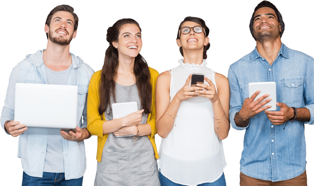 Diverse Group Collaborating with Technology in Transparent Background