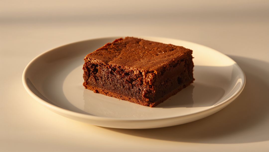 Fudgy Chocolate Brownie Square on White Ceramic Plate with Warm Studio Lighting and Soft Shadow