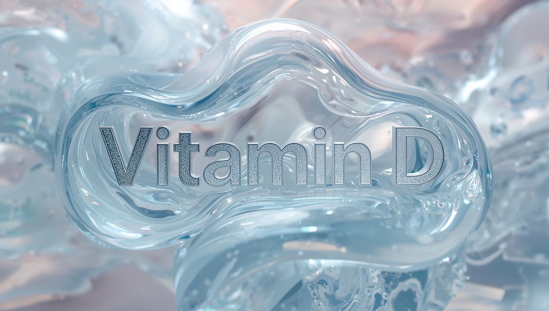 Floating translucent glass blob featuring embossed Vitamin D text, prismatic liquid design