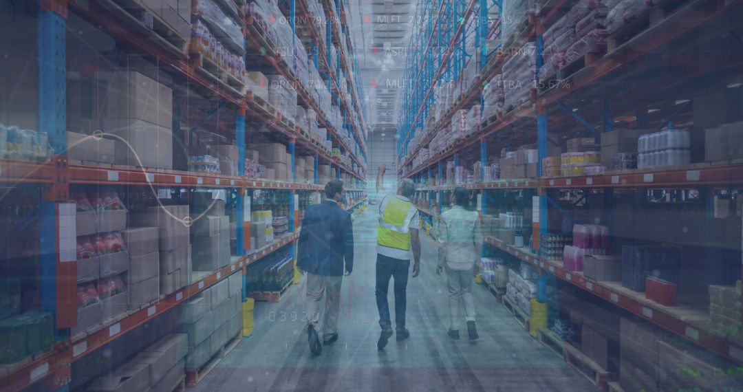 Diverse Workers and Digital Data Overlaid in Modern Warehouse Environment