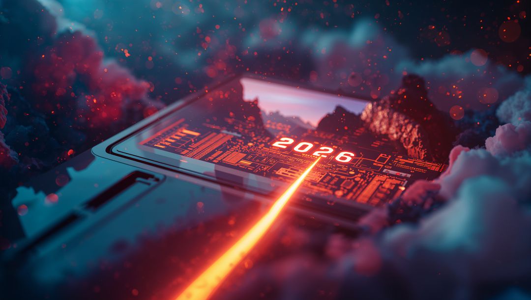 Futuristic circuit panel showing 2026 with neon beam slicing holographic chipset
