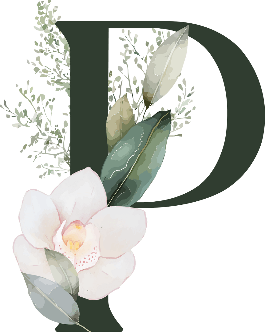 Elegant Stylized Letter D with Camellia and Transparent Flora