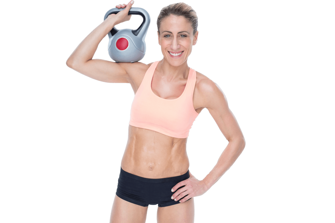 Blonde Crossfit Athlete Smiling with Kettlebell Transparent Background