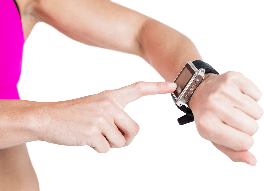 Athletic Woman Using Smart Watch on Transparent Background