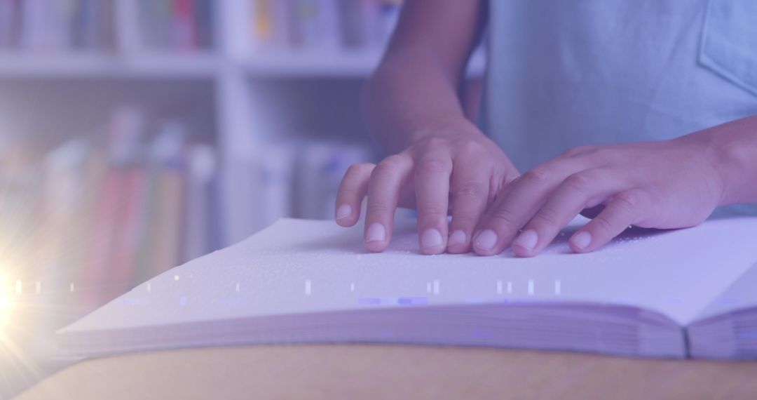 Child Reading Braille in Calm Light Setting