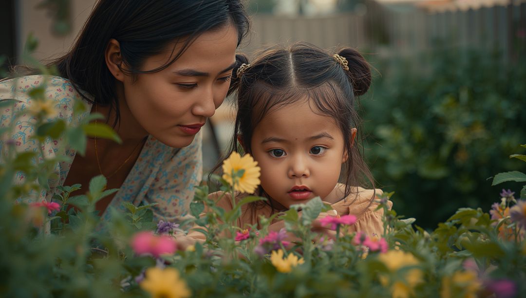 Mother and Daughter Exploring Blossoms in Garden