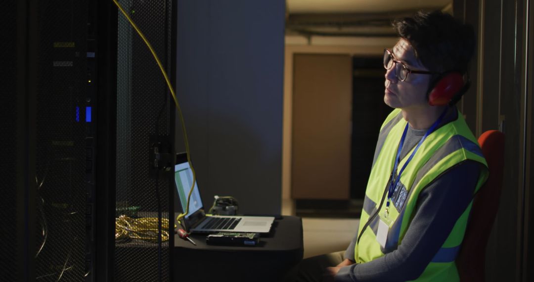 Remote Maintenance Technician Working in Server Room