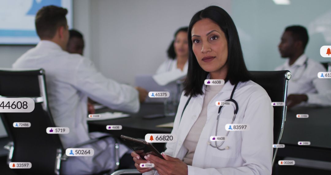 Female Doctor Using Tablet for Data Analysis During Medical Meeting - Free Images, Stock Photos and Pictures on Pikwizard.com