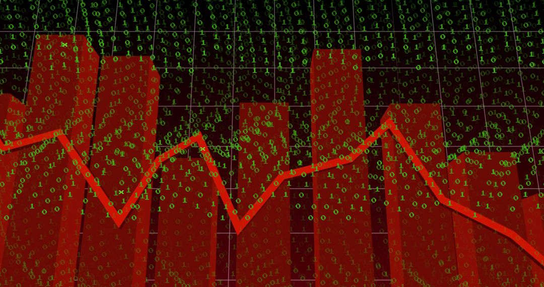 Red Declining Financial Chart with 3D Bars and Binary Code Overlay Signaling Market Drop