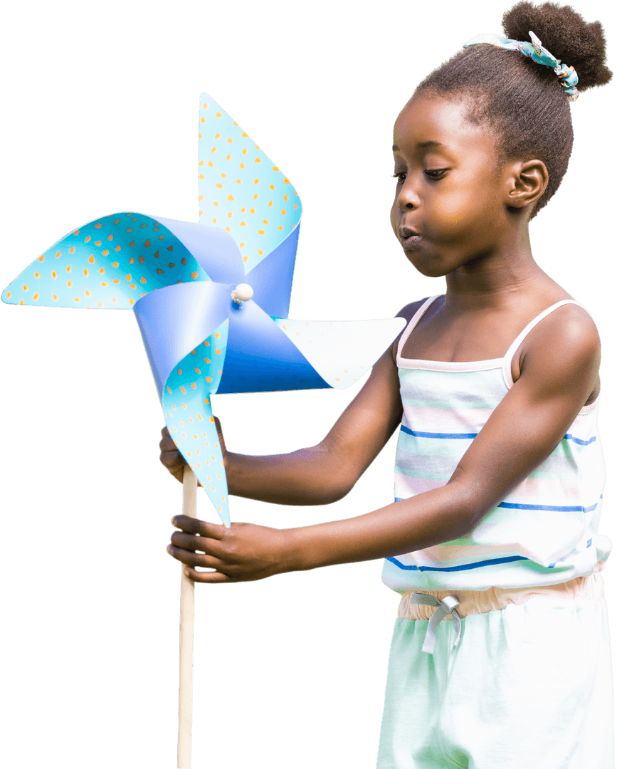 Adorable Child Blowing Transparent Blue Pinwheel with Joyful Expression