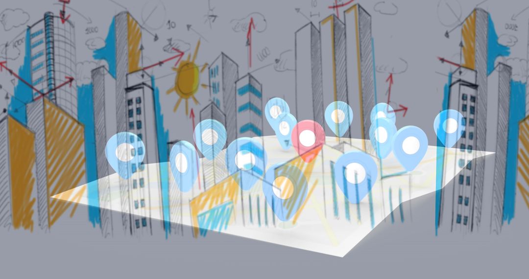 Digital Cityscape with Map Pins Showing Global Connectivity Concept