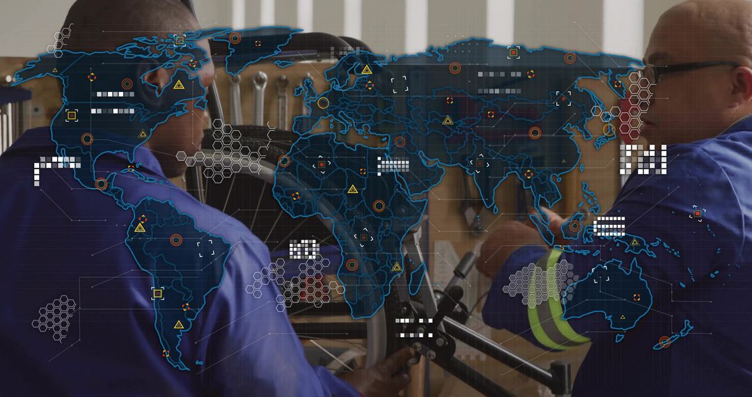 Technicians Discussing Network Infrastructure with Holographic Map Overlay