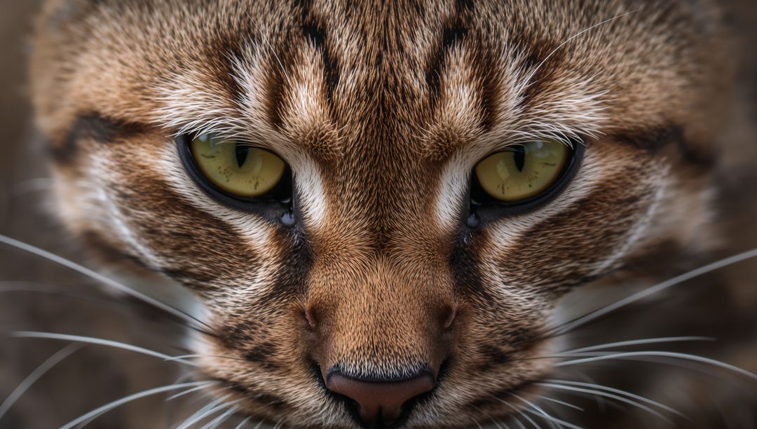 Staring brown tabby cat closeup macro portrait highlighting eyes whiskers fur texture