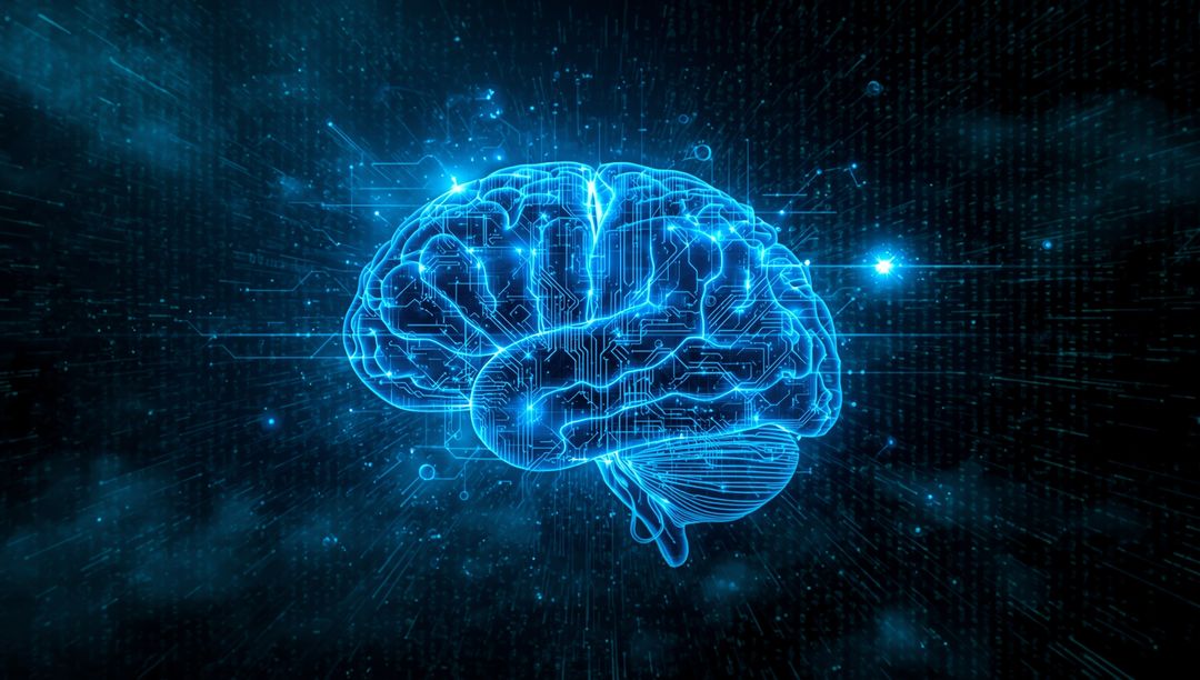 Futuristic Neon Brain in Digital Data Stream