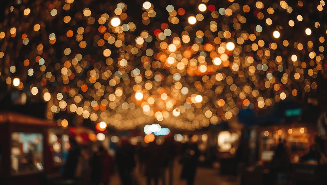 Glowing string lights canopy over bustling evening market, bokeh crowds and vendor booths