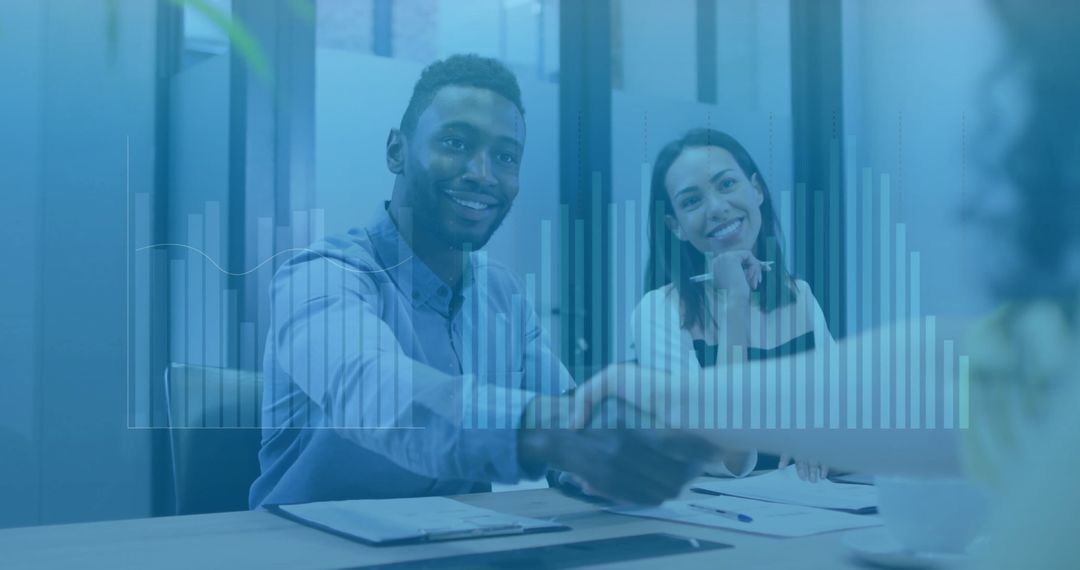 Diverse Business Meeting with Financial Analytics Overlay