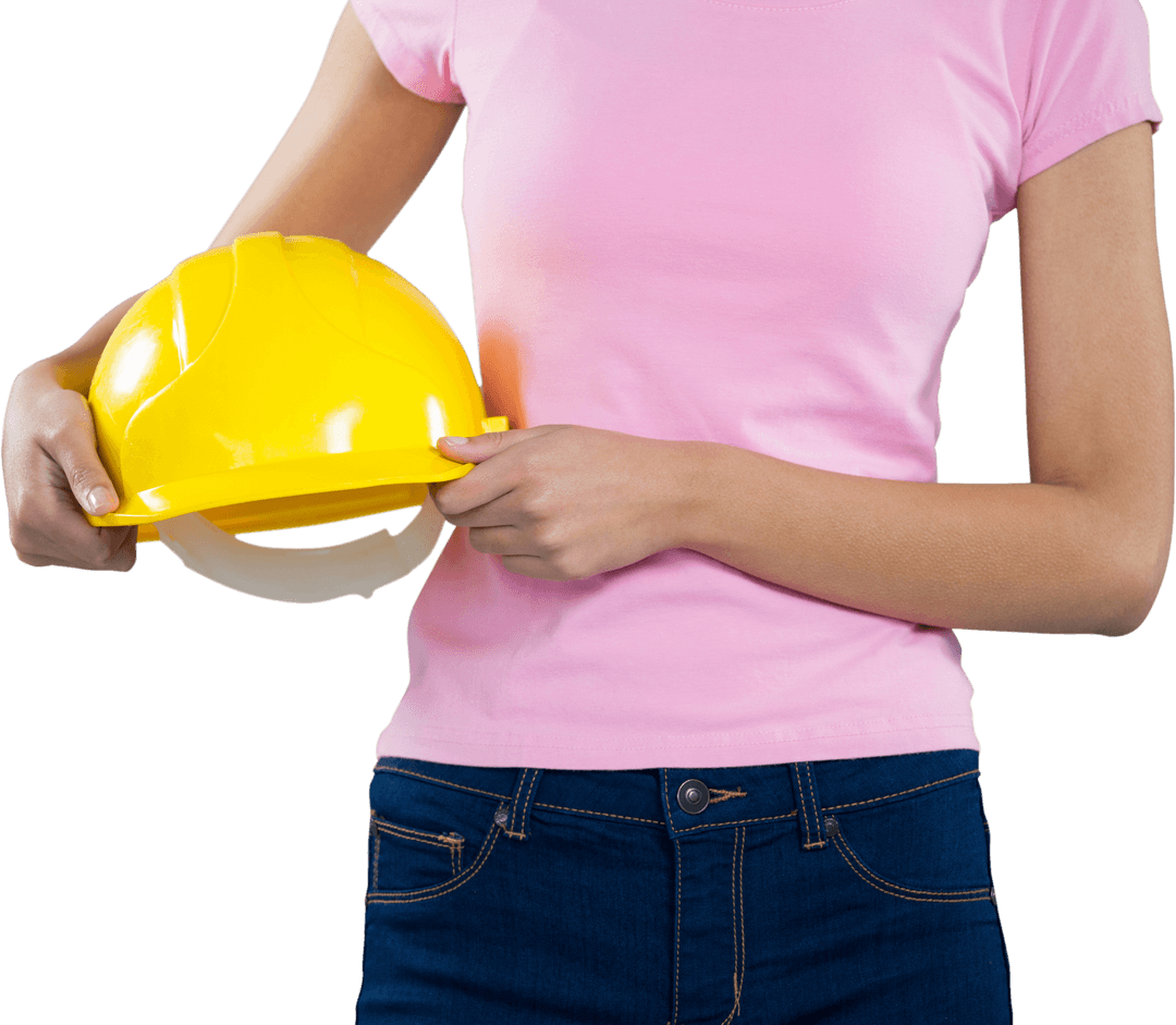 Woman Holding Yellow Hard Hat Symbolizing Safety Transparent Background