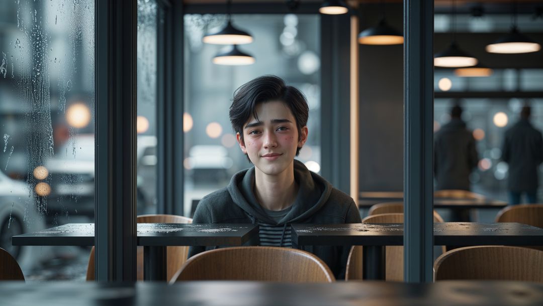 Young man gazing through rainy cafe window with urban vibe - shy concept