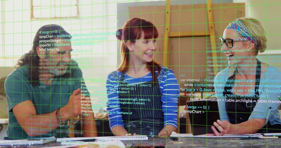 Creative Developers Collaborating in Workshop with Code Overlay