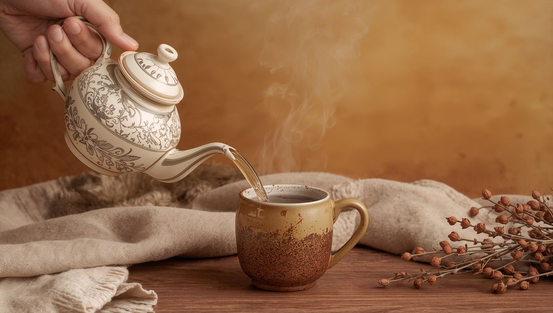 Pouring tea from vintage patterned teapot into speckled ceramic mug with rising steam