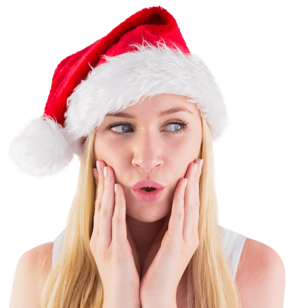 Surprised Blond Woman with Festive Santa Hat on Plan Transparent Background