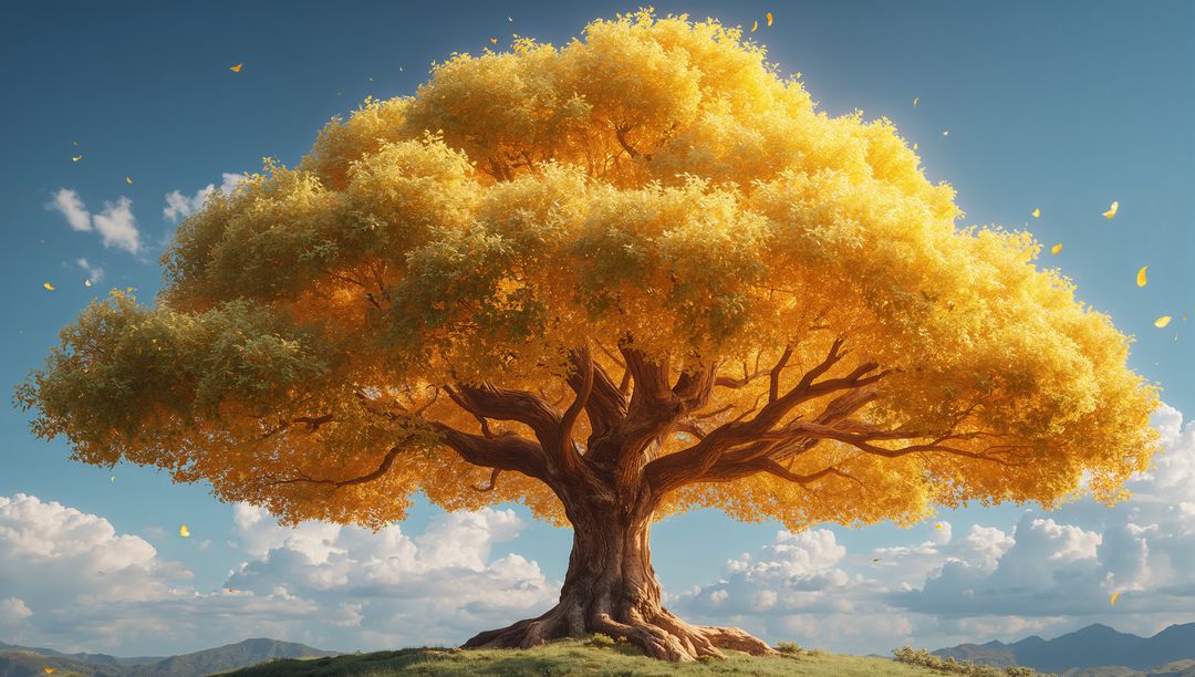 Golden Oak Spreading Broad Canopy Over Sunlit Hilltop With Falling Leaves and Majestic Trunk