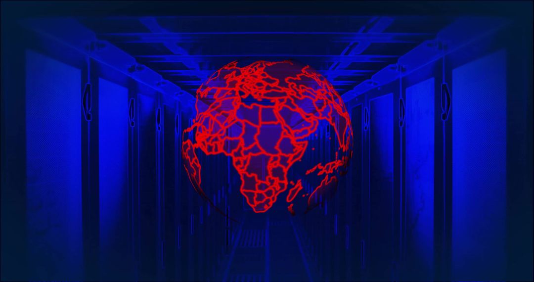 Glowing Red Globe among Blue Digital Servers Symbolizing Cyber Connectivity