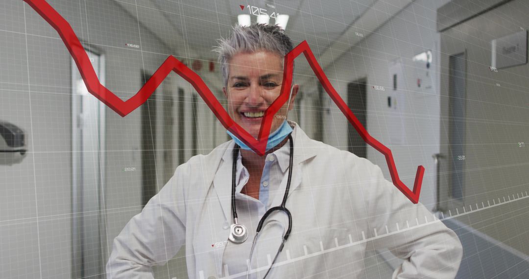 Doctor in Hospital Corridor with Decreasing Graph Overlay
