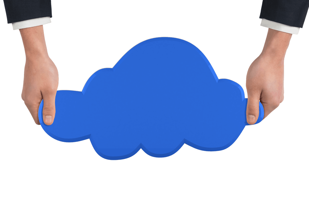 Hands Holding Blue Cloud Sign on Transparent Background