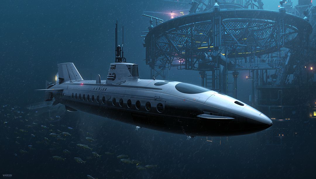 Futuristic Manned Submersible Hovering Near Industrial Deep-Sea Docking Platform