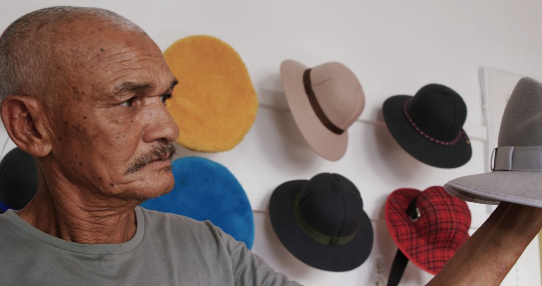 Elderly Man Examining Hat in Store with Hat Display in Background - Free Images, Stock Photos and Pictures on Pikwizard.com