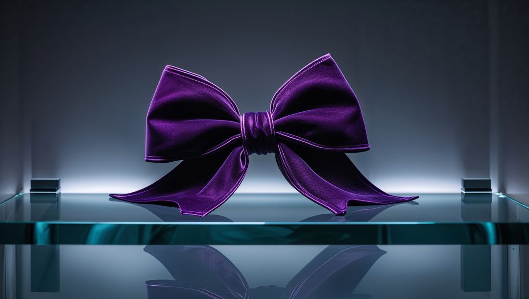 Luxurious Purple Velvet Bow on Glass Shelf with LED Glow