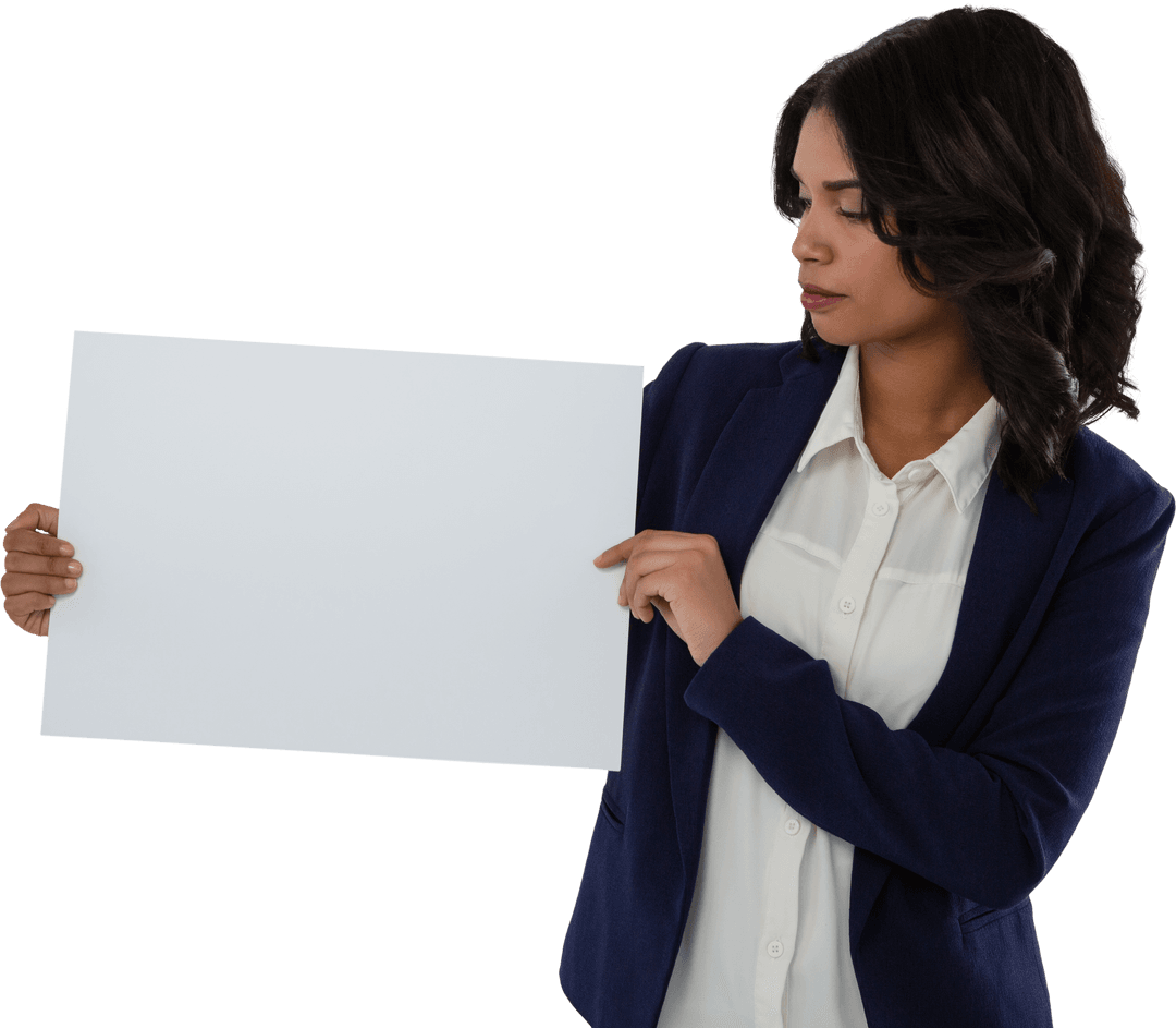 Businesswoman Displaying Blank Transparent Placard Holding Gesture