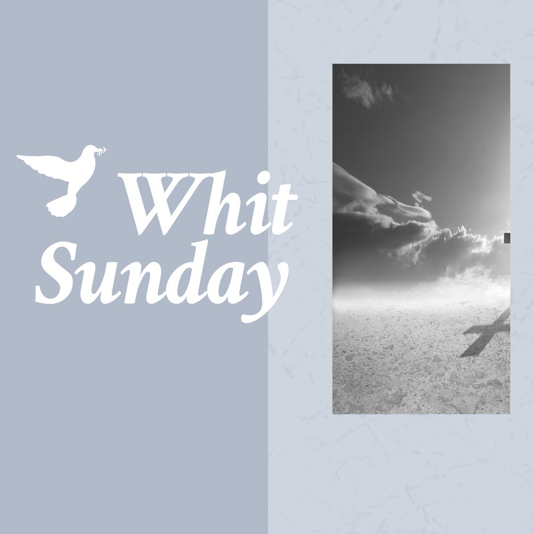 Whit Sunday Text with Dove over Sky and Clouds