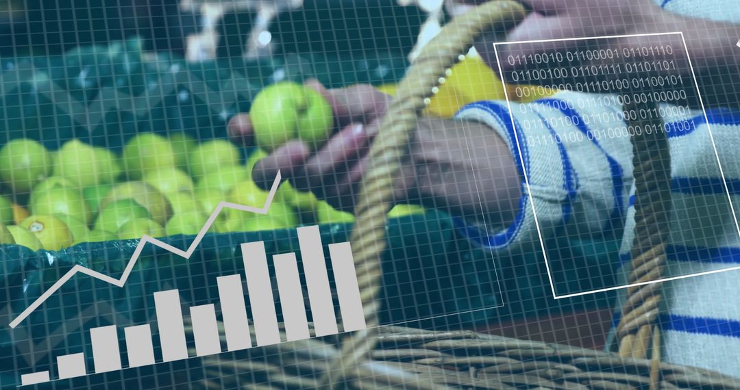 Shopper Choosing Green Apples in Store with Digital Data Overlay