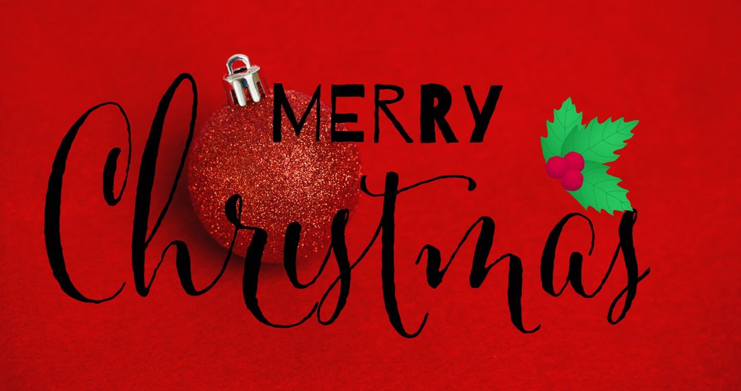 Merry Christmas Text with Festive Red Background and Bauble