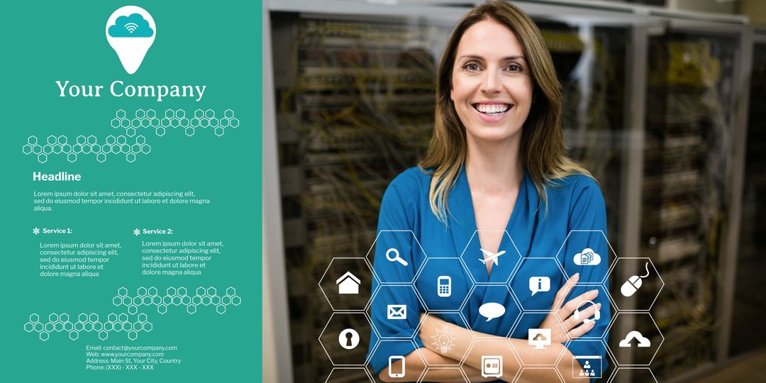 Business Professional Woman with Digital Technology Interface Icons