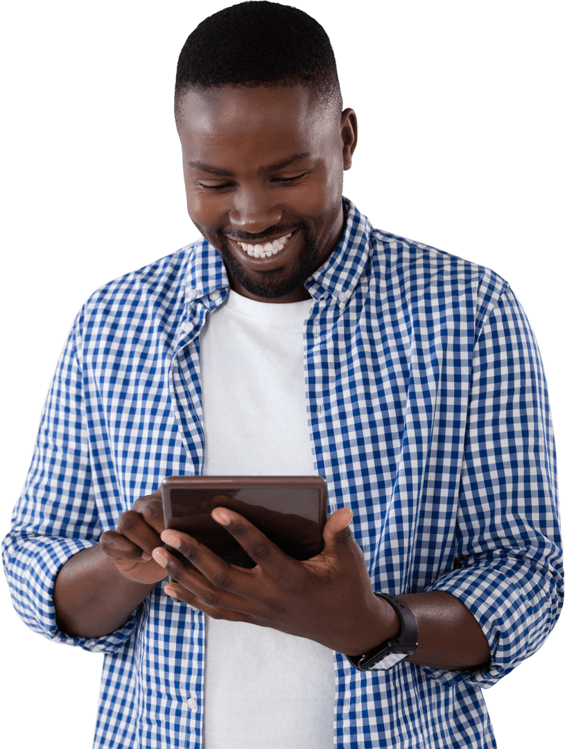 Transparent Smiling Man Using Digital Tablet