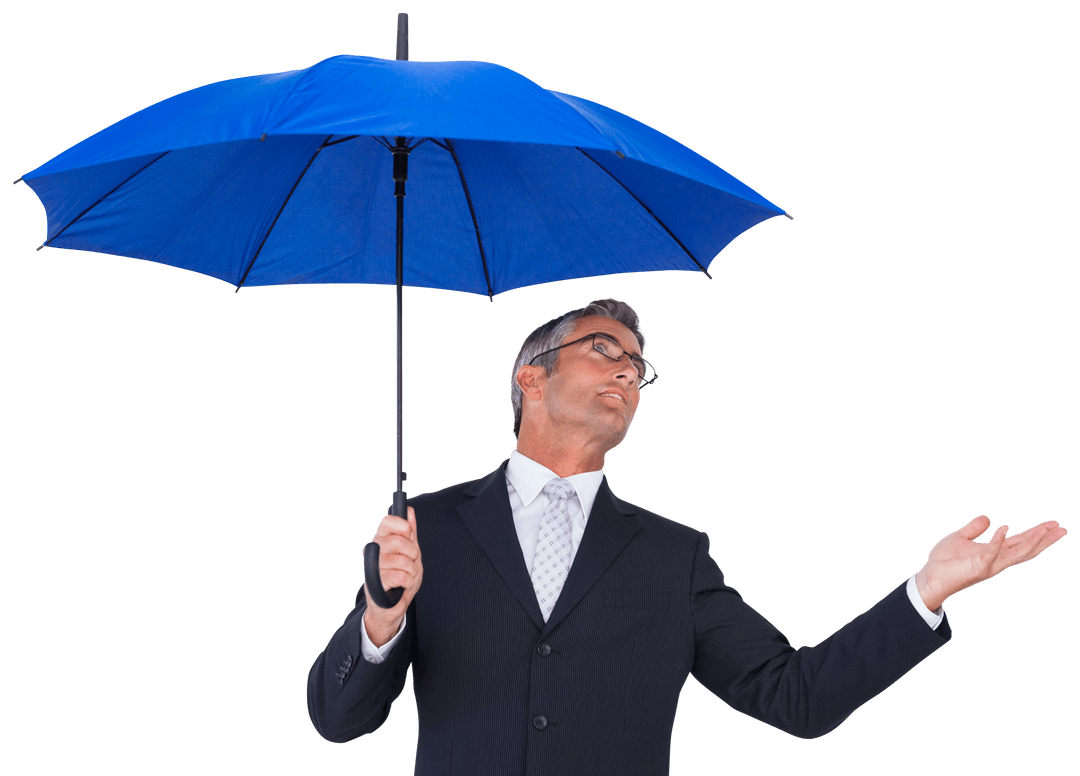 Transparent Businessman Holding Blue Umbrella in Rain Gesture