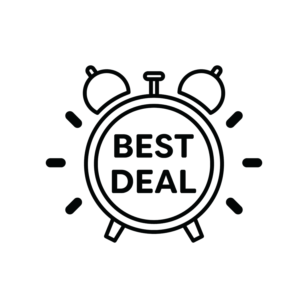 Transparent Alarm Clock Icon Featuring Best Deal Text