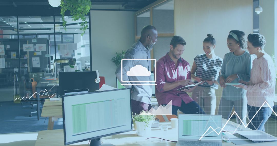 Team Collaborating in Modern Office with Digital Data Graphics