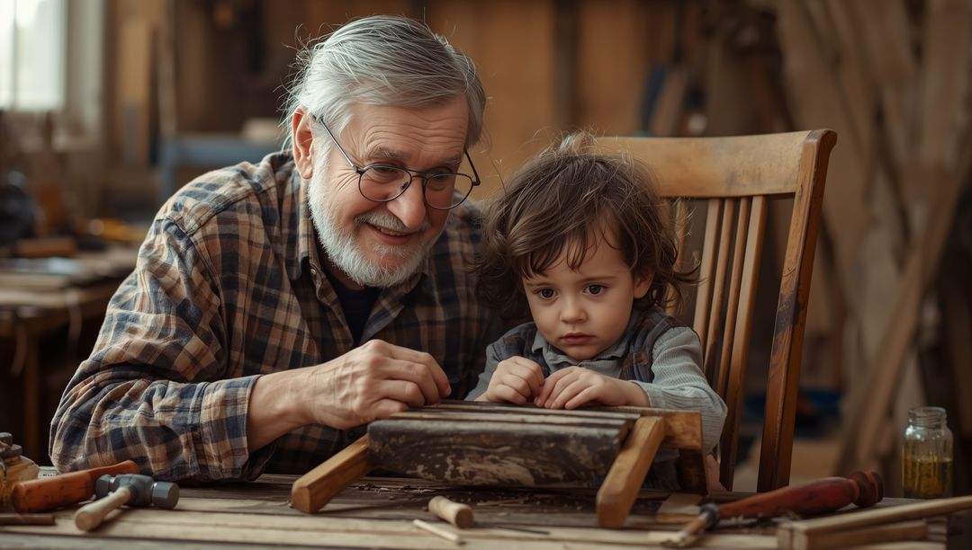 Senior Craftsman Teaching Child Woodworking Skills in Quaint Workshop