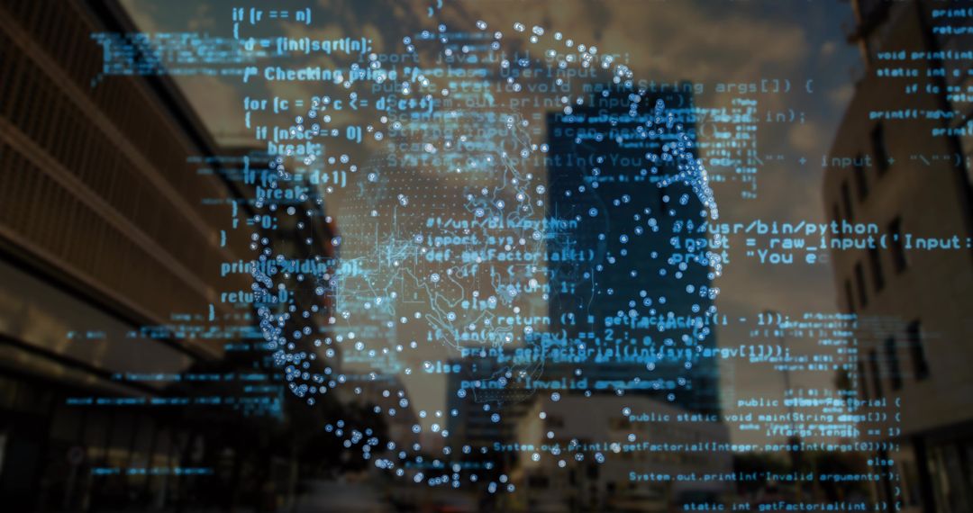 Futuristic Digital Globe Over Urban Landscape at Dusk with Code Overlay